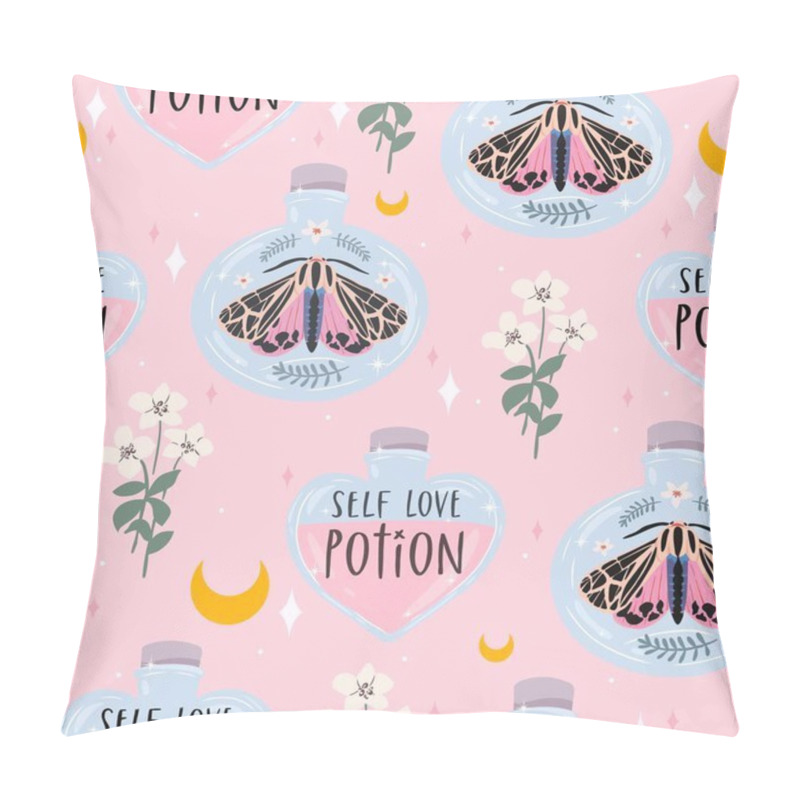 Personality  Cute Pastel Seamless Pattern With Butterflies And Moths In Potion Bottles And Flowers Pillow Covers