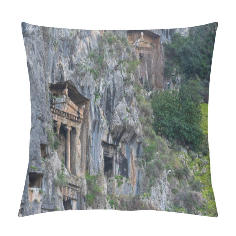 Personality  With Its Temple-like Faade And Massive Stone Columns, This Lycian Tomb Stands As An Enduring Legacy Of Turkeys Rich Ancient Heritage. Pillow Covers