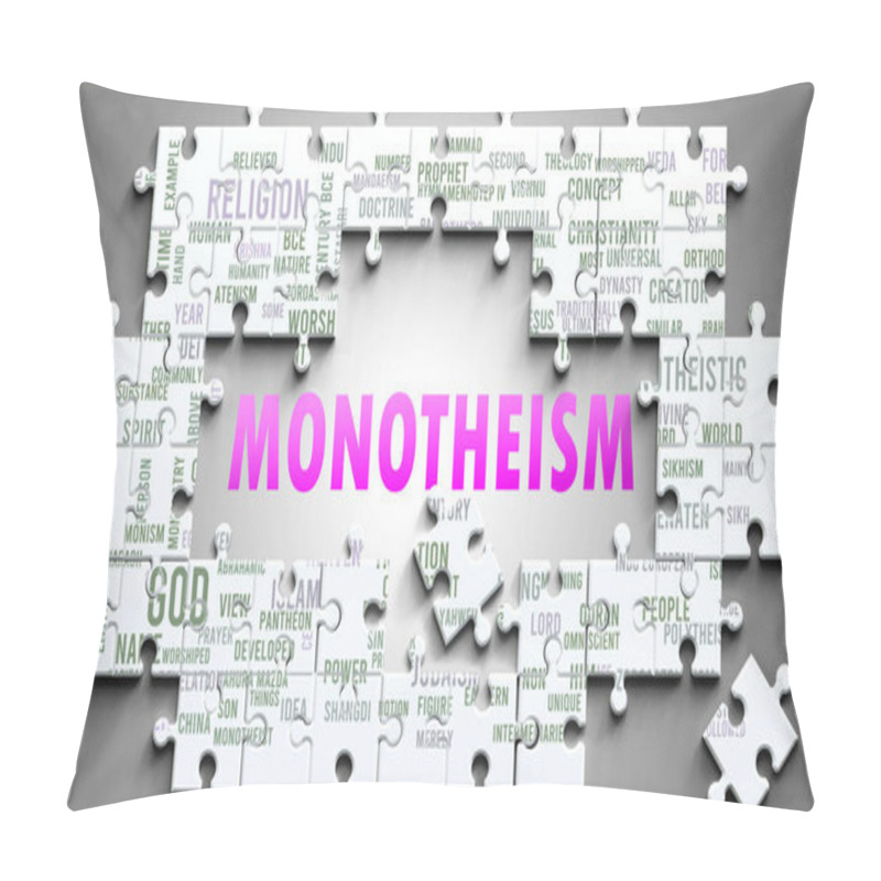 Personality  Monotheism As A Complex Subject, Related To Important Topics. Pictured As A Puzzle And A Word Cloud Made Of Most Important Ideas And Phrases Related To Monotheism. Pillow Covers