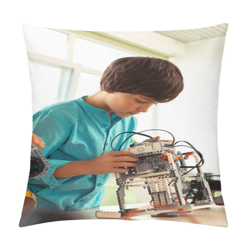 Personality  Concentrated Schoolboy Checking His Complicated Science Project. Pillow Covers