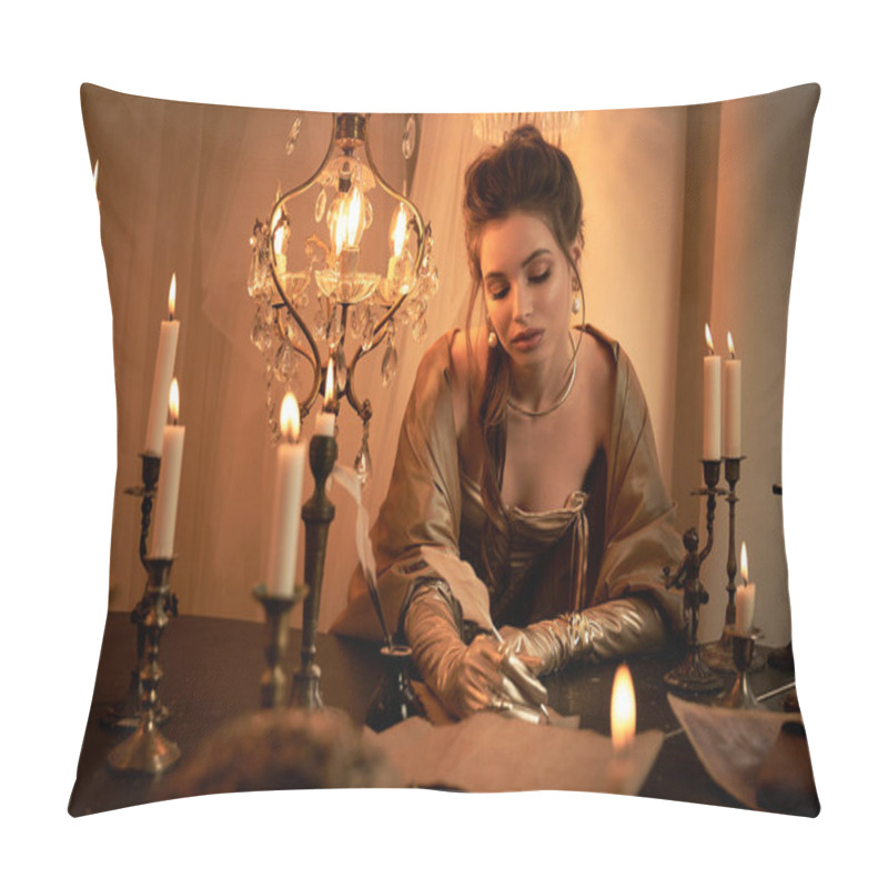 Personality  A Beautiful Young Woman Dressed In Fantasy Attire Writes Intently Surrounded By Candles And Shadows. Pillow Covers