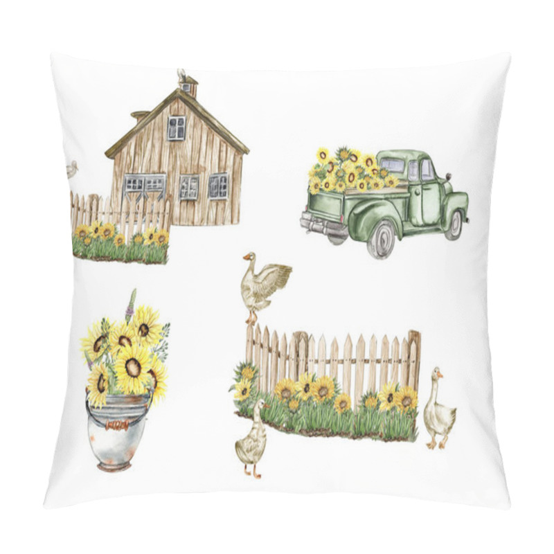 Personality  Watercolor Farm Composition With Sunflowers In Cartoon Style. Hand Drawn Illustration Of Summer. Perfect For Scrapbooking, Kids Design, Wedding Invitation, Posters, Greetings Cards. Pillow Covers