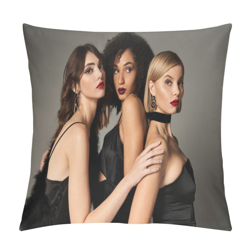 Personality  A Trio Of Stunning Women, Each In A Chic Black Dress, Striking Elegant Poses Against A Neutral Backdrop. Pillow Covers