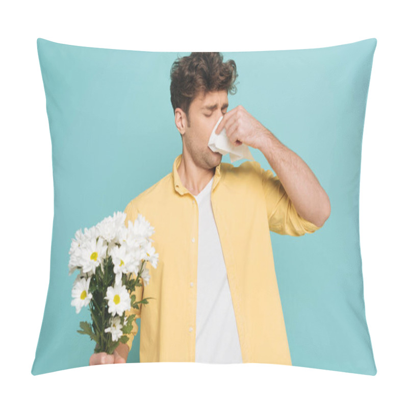 Personality  Man Blowing Out Nose With Napkin And Holding Bouquet With Outstretched Hand Isolated On Blue Pillow Covers