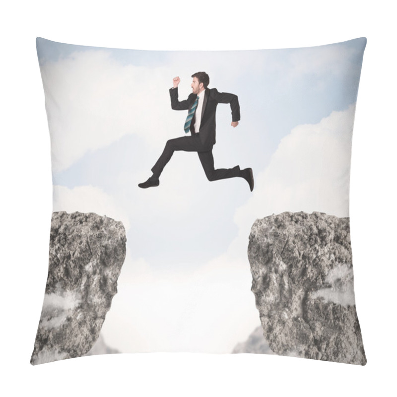 Personality  Funny Business Man Jumping Over Rocks With Gap Pillow Covers