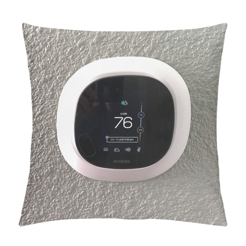 Personality  Atlanta, GA USA - March 26, 2021: An Ecobee Smart Thermostat In A Home. Pillow Covers