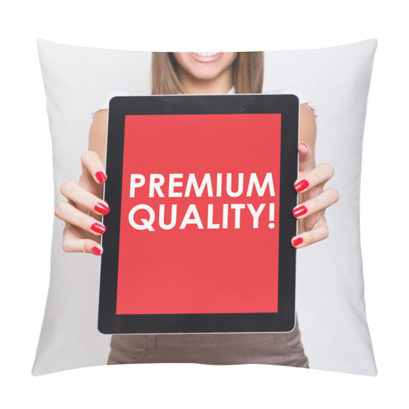 Personality  Cute Businesswoman Showing Tablet That States Premium Quality Pillow Covers