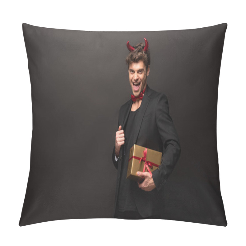 Personality  Handsome Excited Man In Devil Costume Holding Gift Boxes For Halloween On Black Pillow Covers