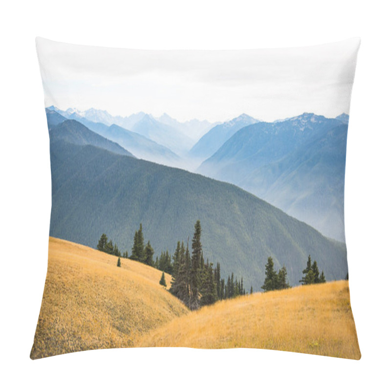 Personality  Mountain Landscape Scenic Background Of Hurricane Ridge In Olympic National Park In Washington State. The Majestic Blue Olympic Mountains And Yellow Gold Grass With Evergreen Trees In The Foreground. Pillow Covers