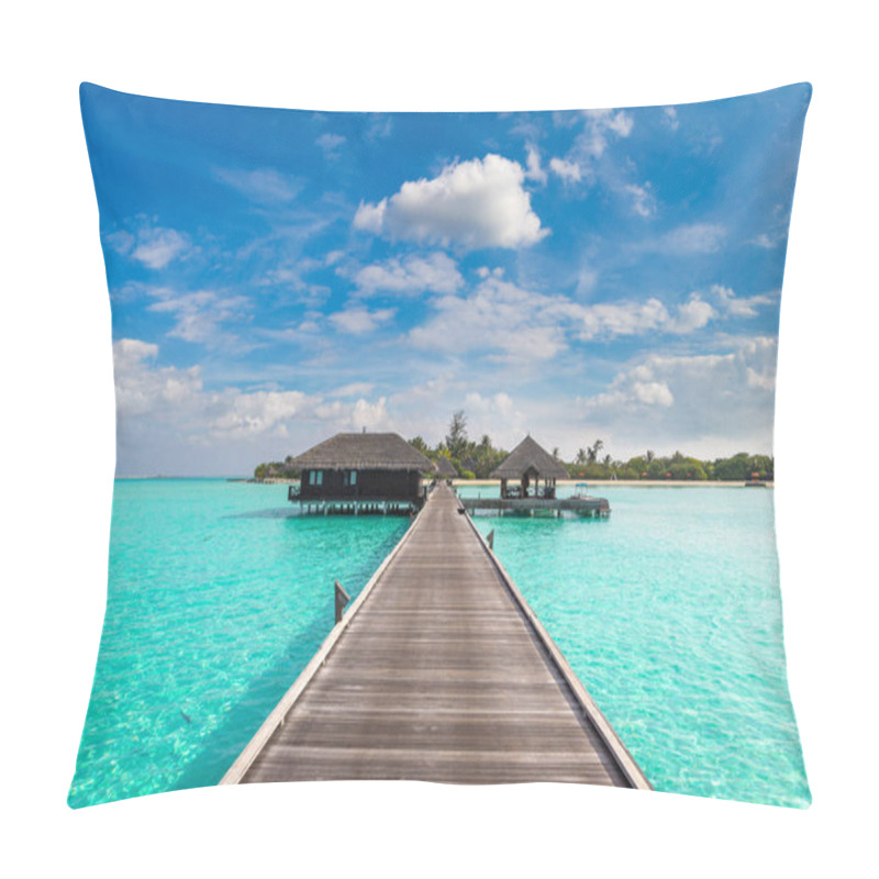 Personality  Water Villas (Bungalows) And Wooden Bridge At Tropical Beach In The Maldives At Summer Day Pillow Covers