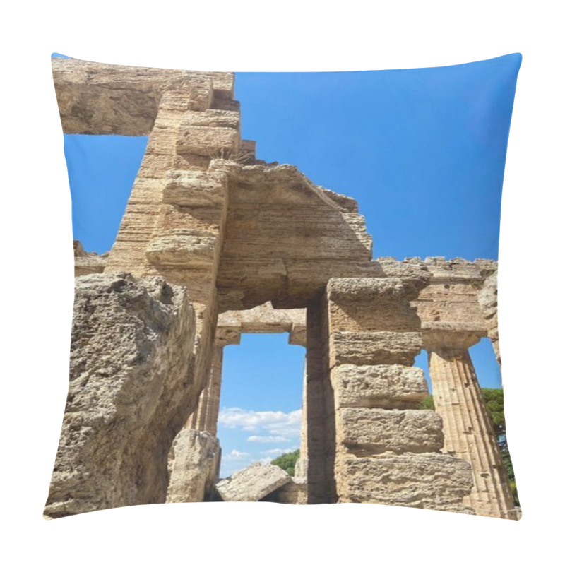 Personality  Ancient Greek Temple Ruins In Paestum, Italy: Architectural Marvel Under A Clear Sky. High Quality Photo Pillow Covers