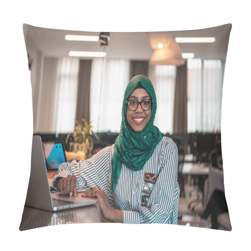 Personality  Businesswoman Wearing A Green Hijab Using Laptop In Relaxation Area At Modern Open Plan Startup Office. Selective Focus. High-quality Photo Pillow Covers