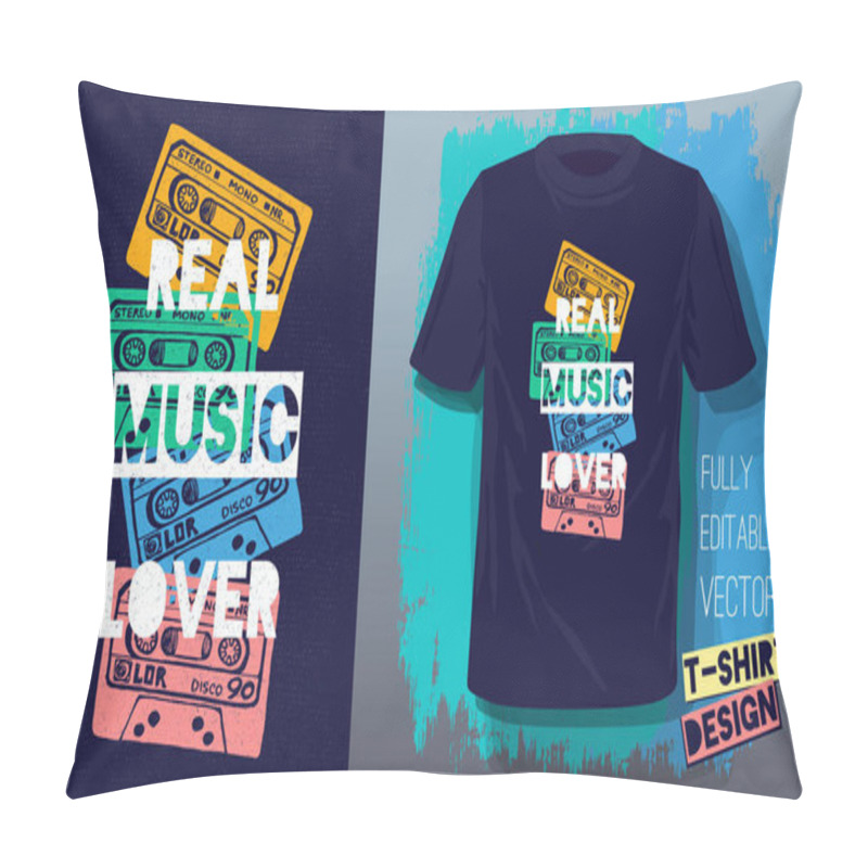 Personality  Real Music Lover Lettering Slogan Retro Sketch Style Tape Cassette For T Shirt Design Print Posters Kids Boys Girls. Hand Drawn Vector Illustration. Pillow Covers