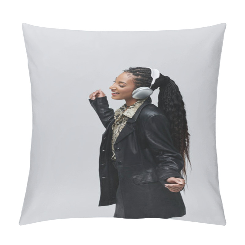 Personality  A Young Woman In A Black Leather Jacket And Skirt Dances With Headphones On While Wearing A Patterned Shirt. Pillow Covers