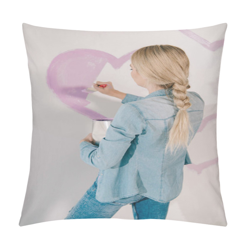 Personality  Young Woman Drawing Pink Heart On Wall With Paintbrush Pillow Covers