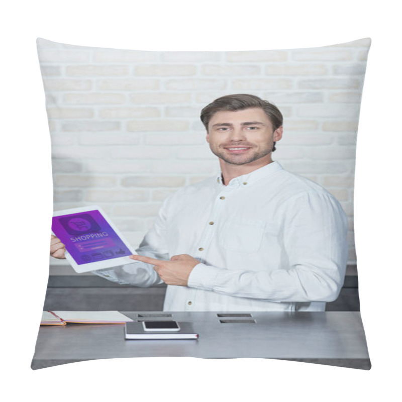 Personality  Handsome Young Salesman Holding Digital Tablet With Shopping App And Smiling At Camera In Store   Pillow Covers