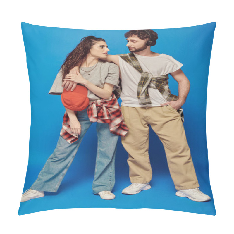 Personality  College Couple, Headphones, Music, Street Wear, Bold Makeup, Woman With Baseball Cap, Blue Backdrop Pillow Covers