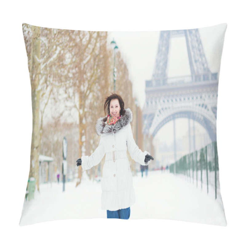 Personality  Girl Happily Jumping In Paris On A Winter Day Pillow Covers