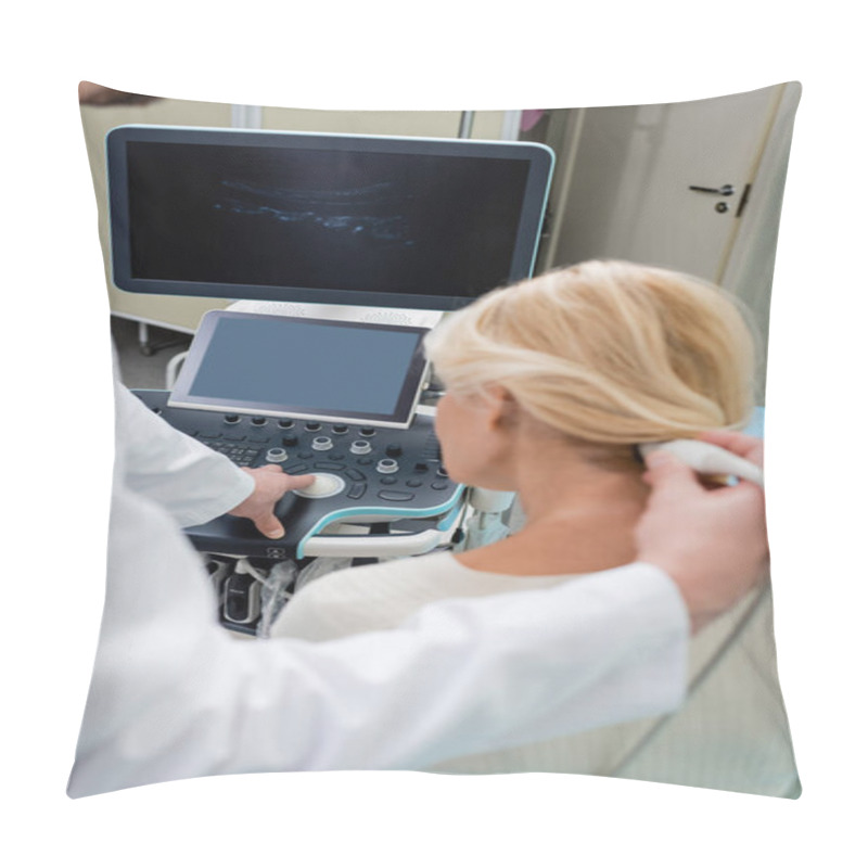 Personality  Blurred Doctor Operating Ultrasound Machine During Diagnostics Of Woman In Clinic Pillow Covers