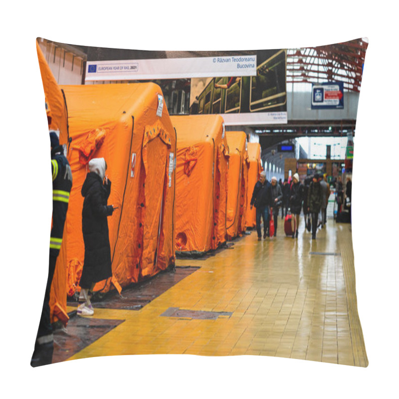 Personality  Ukrainian Refugee Tent In Bucharest North Railway Station (Gara De Nord Bucharest) In Bucharest, Romania, 2022 Pillow Covers