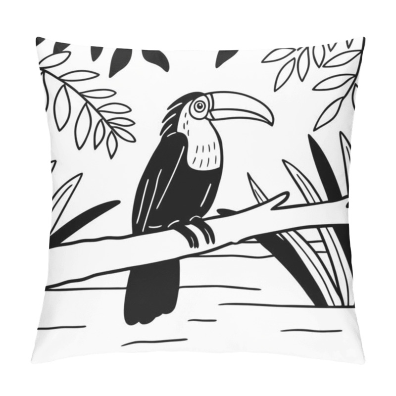 Personality  Black And White Illustration Of A Bird Perched In A Tropical Setting Pillow Covers