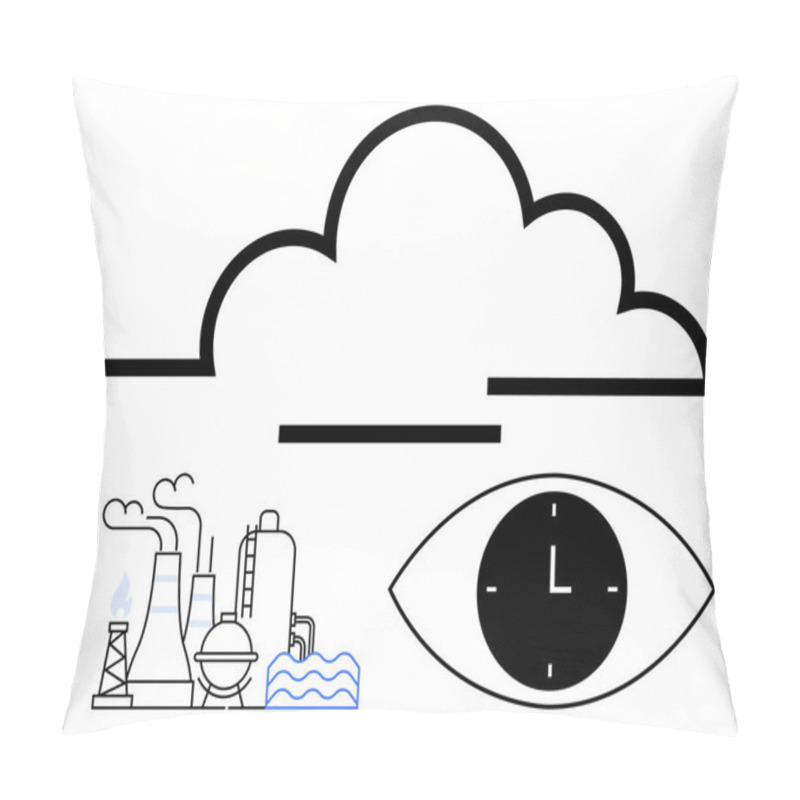 Personality  Factory Chimneys Emitting Smoke, Large Cloud Representing Pollution, Clock Inside Eye For Environmental Monitoring. Ideal For Industrial Impact, Sustainability, Pollution Awareness, Climate Change Pillow Covers