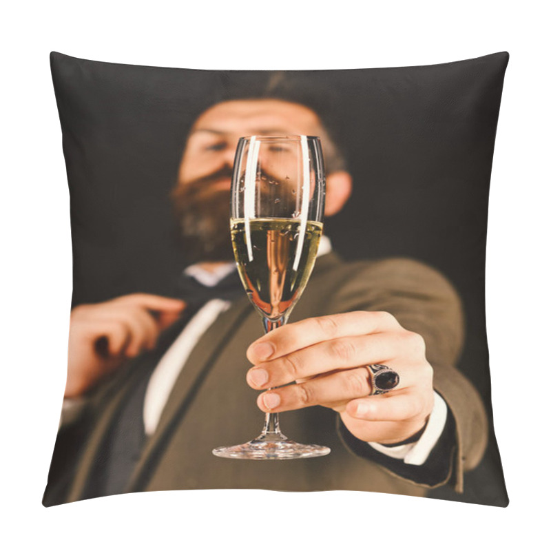 Personality  Birthday Party Concept. Man With Beard Holds Glass Of Champagne. Pillow Covers