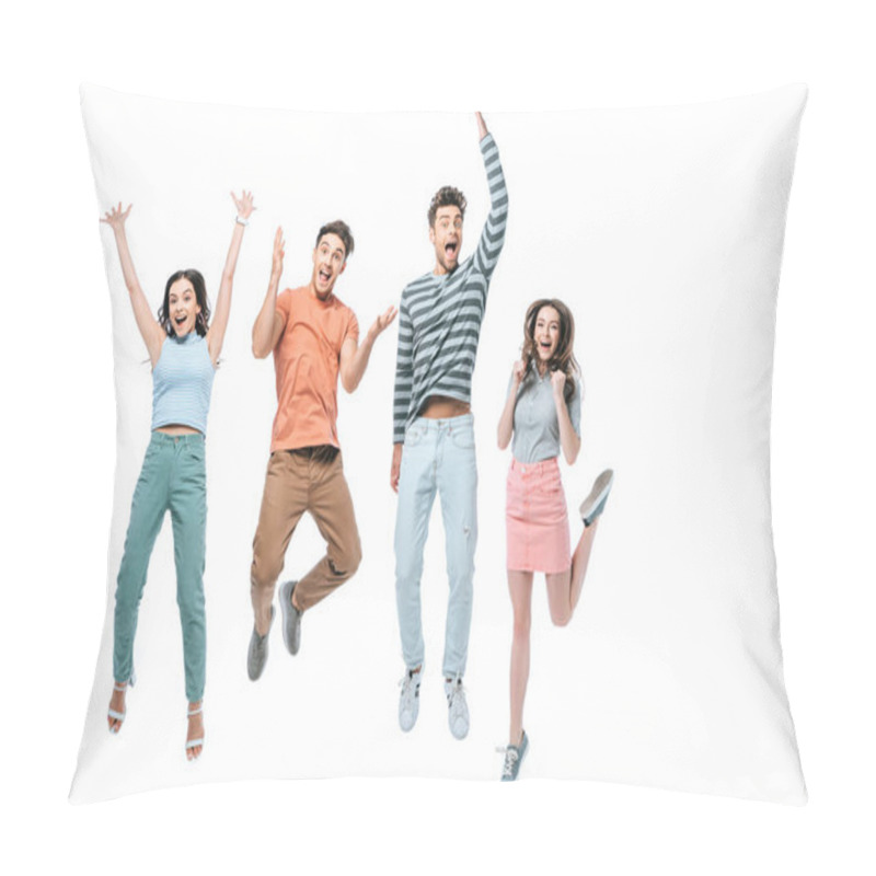 Personality  Surprised Beautiful Friends Jumping With Triumph, Isolated On White Pillow Covers