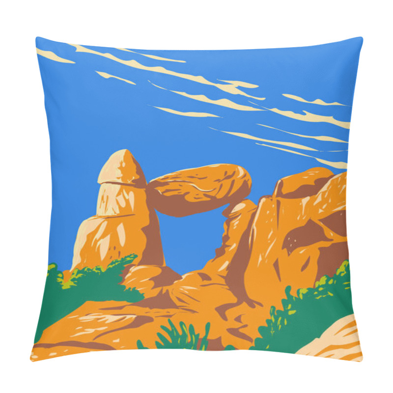 Personality  WPA Poster Art Of Balanced Rock Located Near Big Bend National Park, Texas, United Sates Of America Done In Works Project Administration Style. Pillow Covers