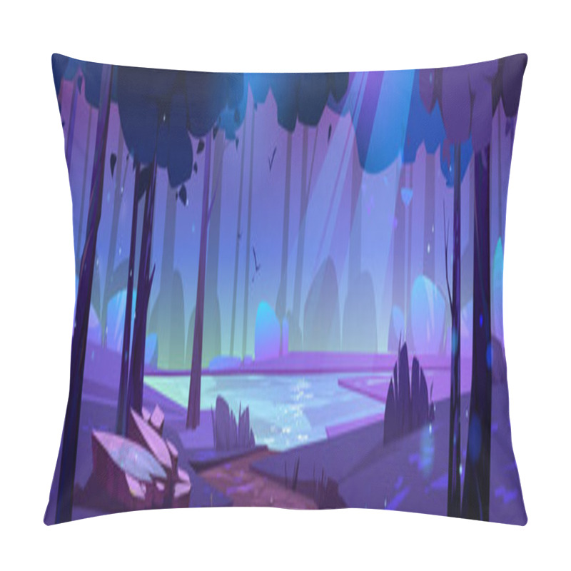 Personality  Summer Forest Landscape With Lake And Path In Moonlight. Vector Cartoon Illustration Of Night Nature Scene With Pond On Glade, Grass, Trees And Bushes On Shore Pillow Covers