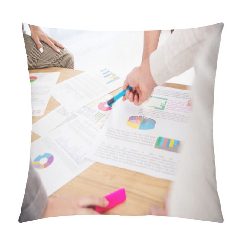 Personality  Cropped Shot Of Multiethnic Business Colleagues Discussing New Marketing Project At Workplace In Office Pillow Covers