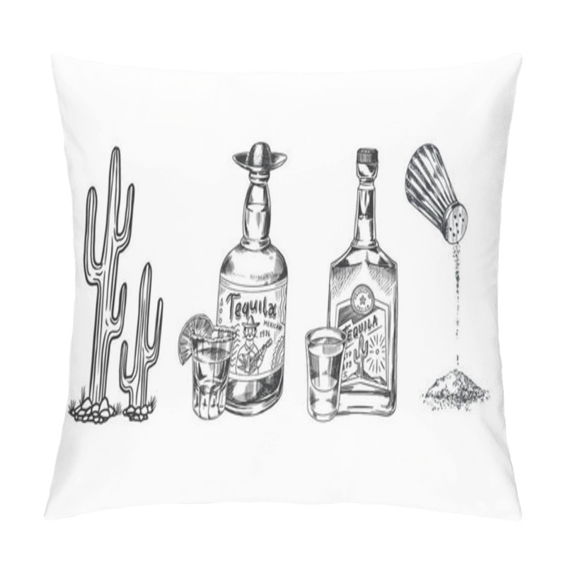 Personality  Shot Of Tequila And Glass Bottle, Salt And Cactus. Retro Poster Or Banner. Engraved Hand Drawn Vintage Sketch. Woodcut Vector Illustration. Pillow Covers