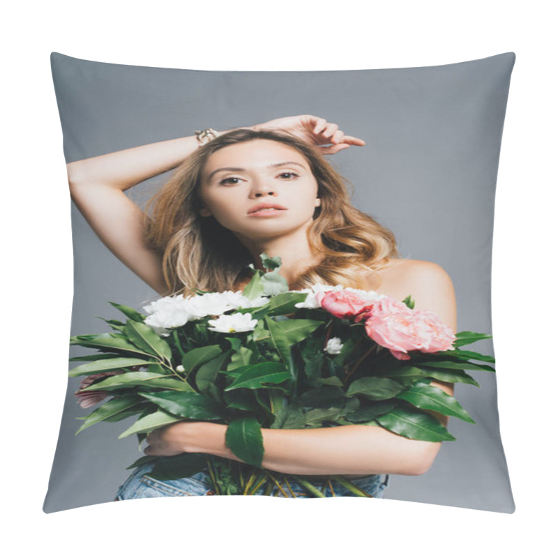 Personality  Seductive Young Woman With Flowers Looking At Camera Isolated On Grey Pillow Covers