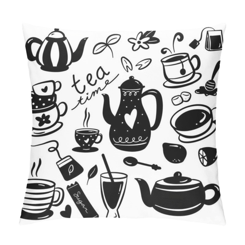 Personality  Set Of Tea Time Doodle Icons Isolated On White Background Pillow Covers