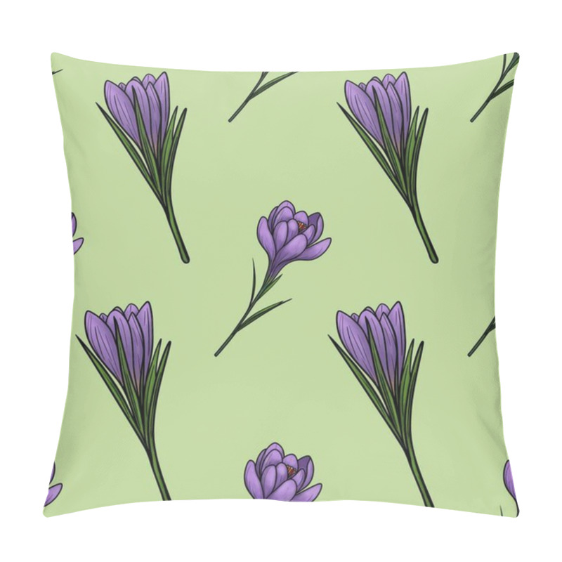 Personality  Seamless Pattern Of Spring Purple Crocuses With Buds In Small Design On Fresh Green Background For Wrapping Paper And Textiles Pillow Covers