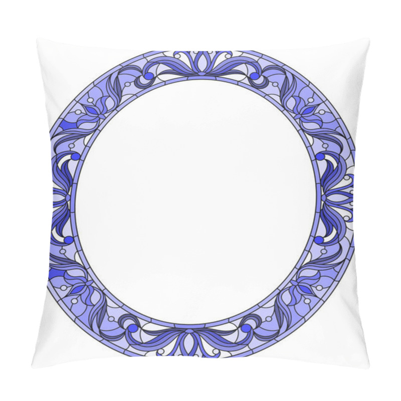 Personality  Illustration In Stained Glass Style Flower Frame,blue Flowers And Leaves On A White Background, Oval Image Pillow Covers