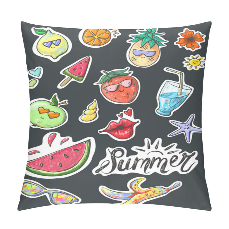 Personality  Set Of Summer Fashion Patches, Fun Stickers, Cute Character Badges Vector In Cartoon Style On Black Background Pillow Covers