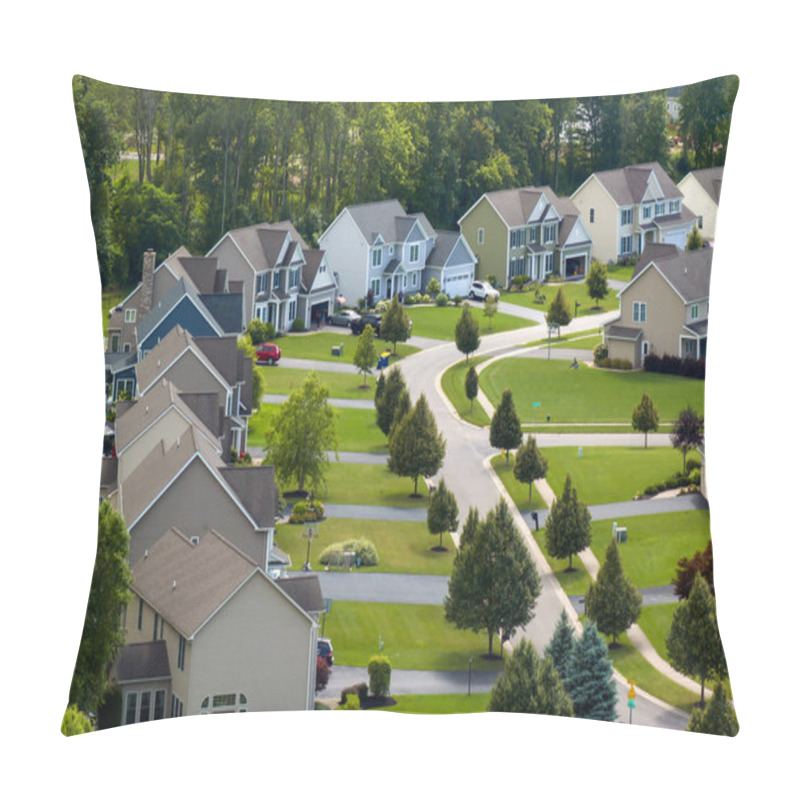 Personality  Top View Of Expensive Two Story Private Houses In Rochester NY Suburbia. New Family Homes In Upscale Community. Real Estate Development In American Suburbs. Pillow Covers