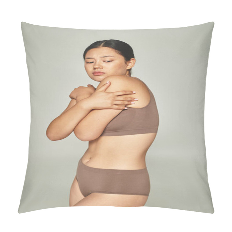 Personality  Shy Asian Woman In Underwear Covering Body While Embracing Herself On Grey Background, Body Shaming Pillow Covers