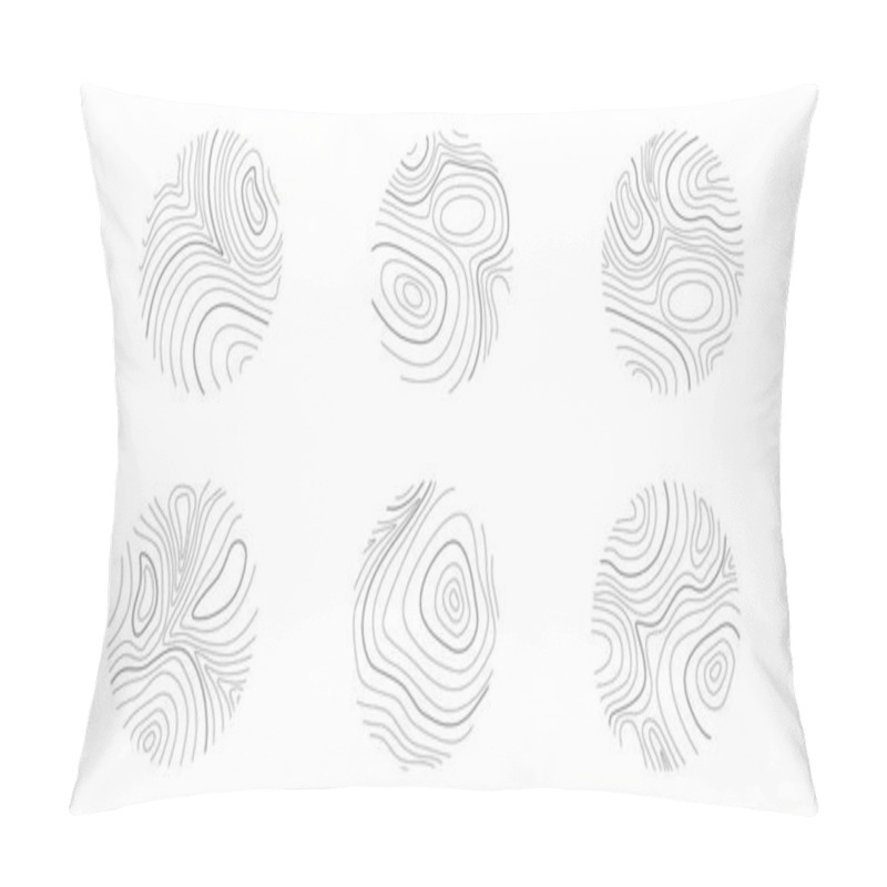 Personality  Topographic Or Wooden Texture In Round Shapes. Hand Drawn Relief Contour. Graphic Terrain Surface Stamps Isolated On White Background. Vector Outline Illustration. Pillow Covers