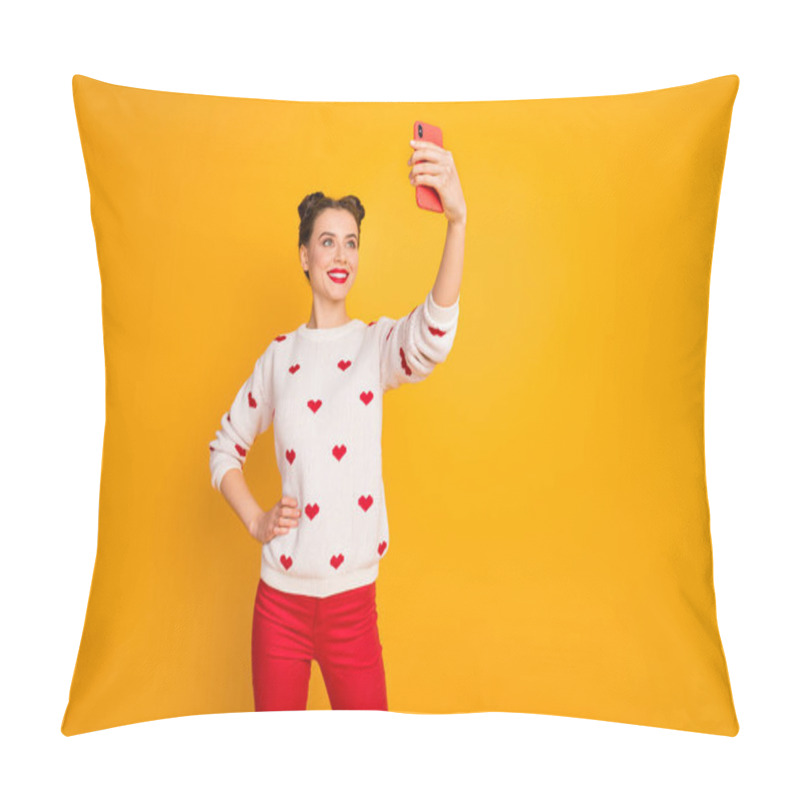 Personality  Photo Of Funny Pretty Lady Hold Telephone Hands Taking Funny Selfies Talking Skype Friends Wear Hearts Pattern White Pullover Red Pants Isolated Yellow Color Background Pillow Covers