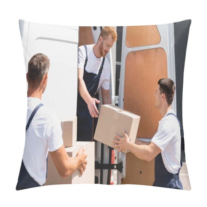 Personality  Selective Focus Of Loader Giving Cardboard Box To Colleague While Unloading Packages From Truck On Urban Street  Pillow Covers