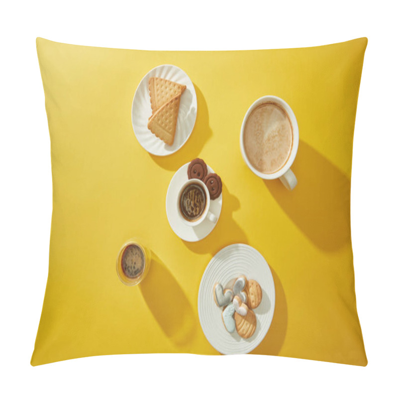 Personality  Top View Of Coffee With Delicious Cookies On Yellow Background Pillow Covers