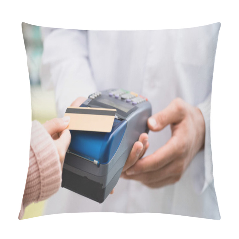 Personality  Partial View Of Pharmacist Holding Payment Terminal While Customer Paying By Credit Card In Drugstore Pillow Covers