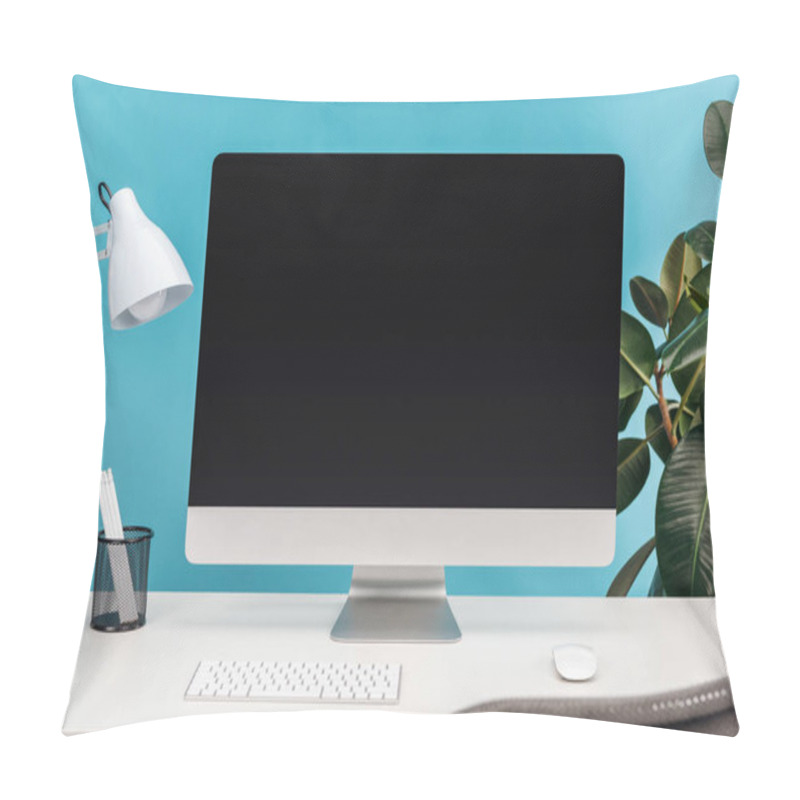 Personality  Workplace With Computer, Lamp, Stationery On White Table Near Green Plant On Blue Background Pillow Covers