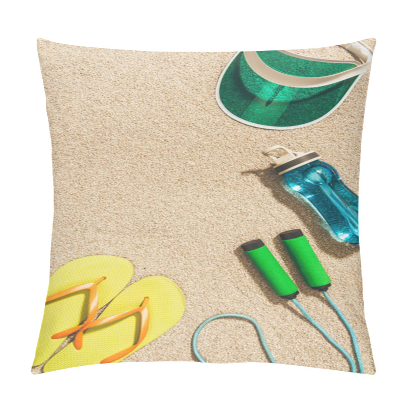 Personality  Top View Of Arranged Cap, Flip Flops, Water Bottle And Jump Rope On Sand Pillow Covers