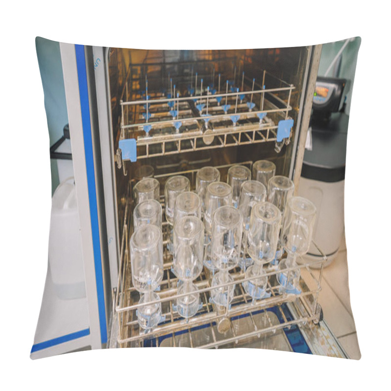 Personality  Valmiera, Latvia - November 18, 2024 - Laboratory Glassware Placed Upside-down In A Drying Rack Inside A Sterilizer Or Drying Oven, Ready For Reuse In Scientific Experiments. Pillow Covers