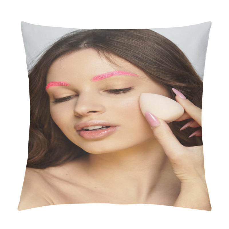 Personality  Young Woman Showcases Unique Style With Striking Pink Eyebrows Against A Soft Grey Backdrop. Pillow Covers