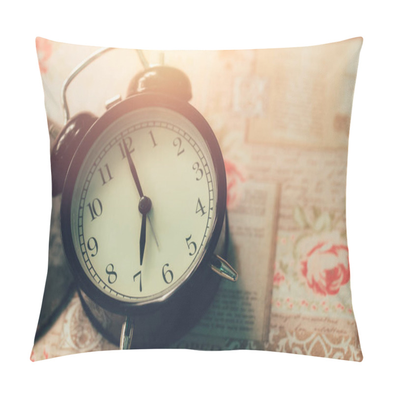 Personality  Romantic Clock On Table Time At 7 O'clock In The Morning With Sunlight Vintage Color And Space For Text Pillow Covers