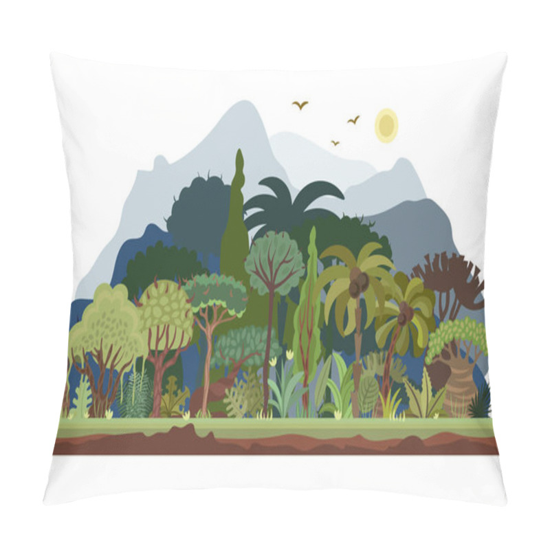 Personality  Vector Tropical Rainforest Landscape With Palms And Other Tropical Trees. Tropical Forest Panoramic Illustration. Flat Vector Design Of Tropical Forest Landscape In Light Green Summer Colors Pillow Covers